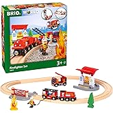 BRIO World Rescue Firefighter Set - 18-Piece FSC-Certified Wood Train Set &amp; Accessories - Fire Train Engine with Lights and Sound, Wooden Tracks &amp; More - Works with All Wooden Train Sets - Ages 3 &amp; Up