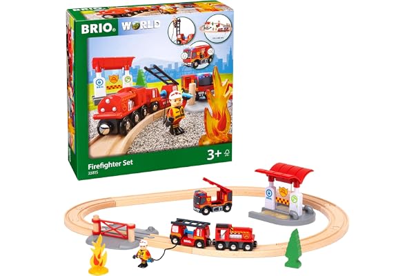 BRIO World Rescue Firefighter Set - 18-Piece FSC-Certified Wood Train Set & Accessories - Fire Train Engine with Lights and S