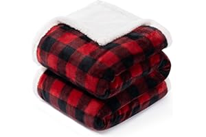 BEAUTEX Christmas Sherpa Fleece Throw Blanket, Super Soft Warm Buffalo Plaid Plush Blankets and Throws, Warm Winter Cozy Fuzzy Blanket for Couch Sofa Bed (Red, 50" x 60")