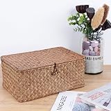 FEILANDUO Wicker Shelf Baskets with Lid Seagrass Storage Box Medium Coffee view 3
