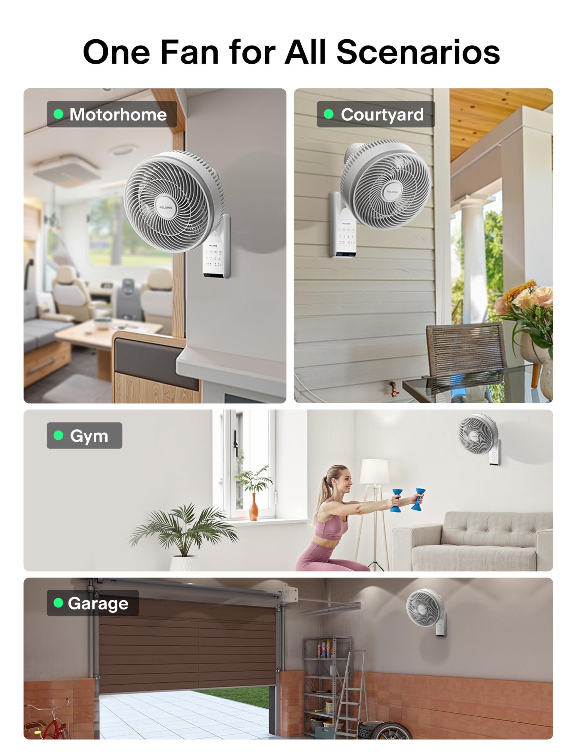 PELONIS 9 inch Wall Mount Fan with Remote Control, Osicllating Fan with 26ft Powerful Airflow, 3 Speed & 3 Modes, Auto 90° Horizontal & 68° Vertical Tilt, Indoor, 36dB, Ideal for Home, Garage, Gym