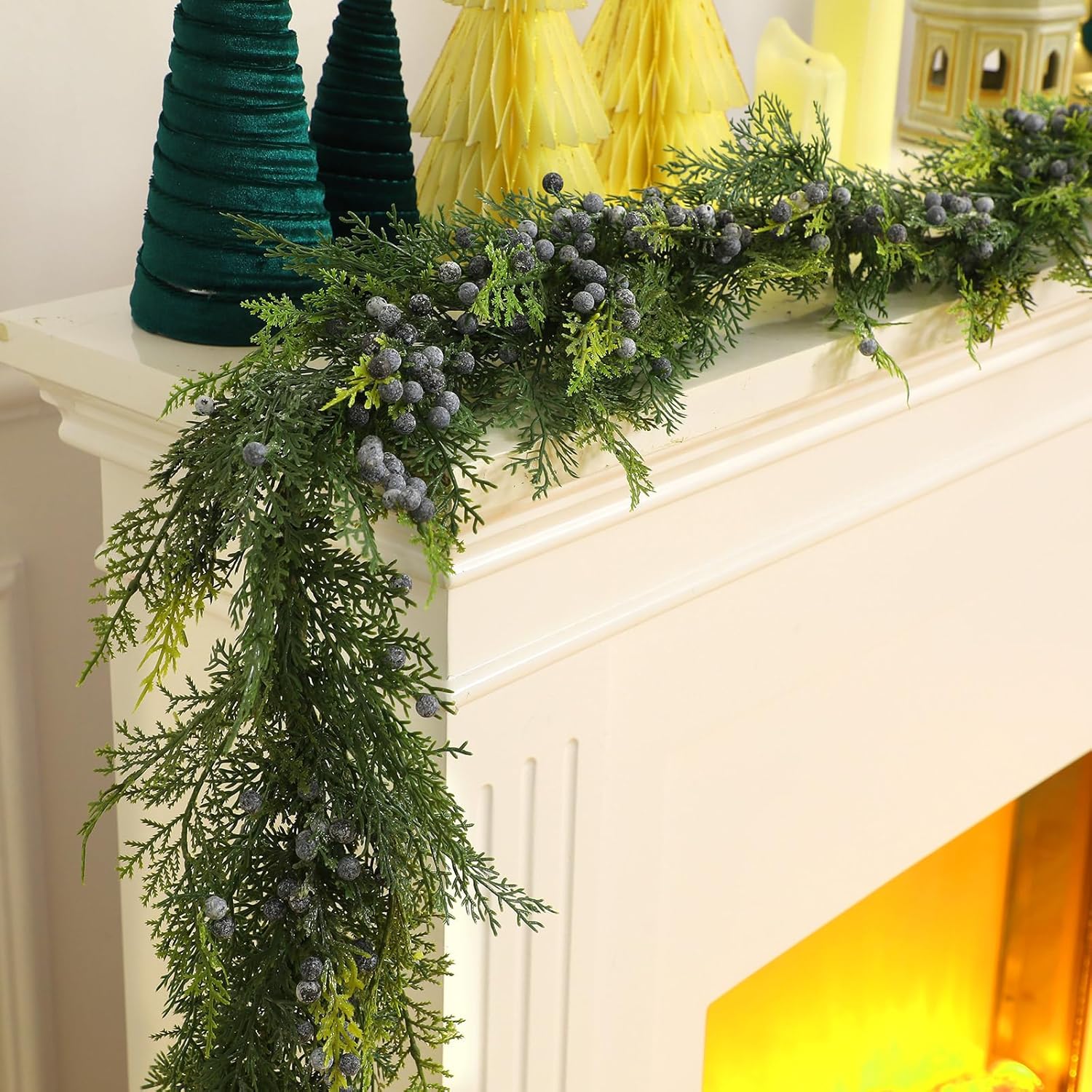 Wreath Hangers - Jutom Christmas Vinyl Juniper Berry Garland Artificial Juniper Cedar Sprays with Berries Realistic Weather Resistant Cedar Juniper Garland for Indoor Outdoor Holiday Decorations (60