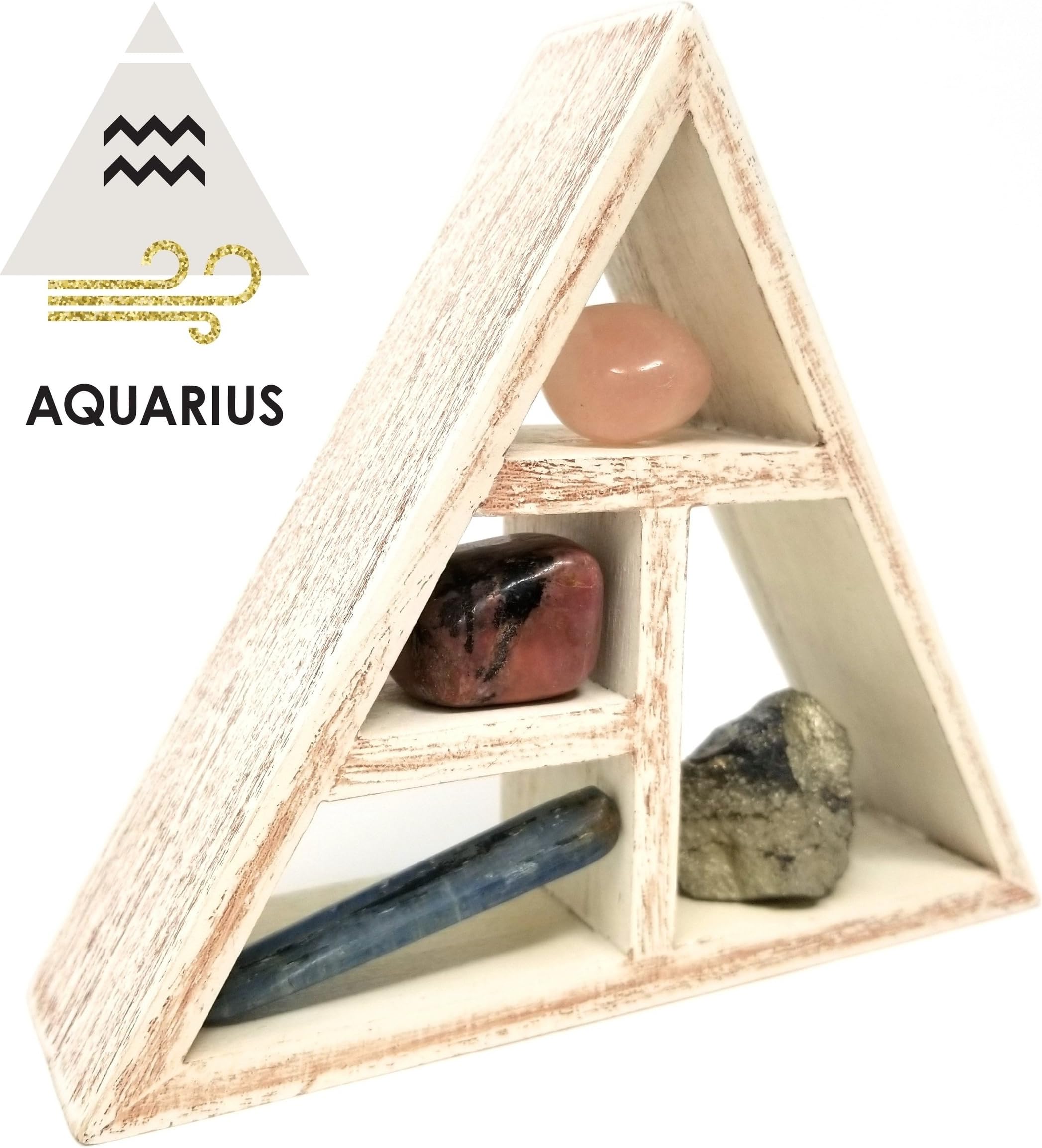 Aquarius Zodiac Crystal Healing Set/Tumbled Stones and Wooden Geometric Triangle Shelf in Gift Box/Astrology Sign Aquarius Birth Stones