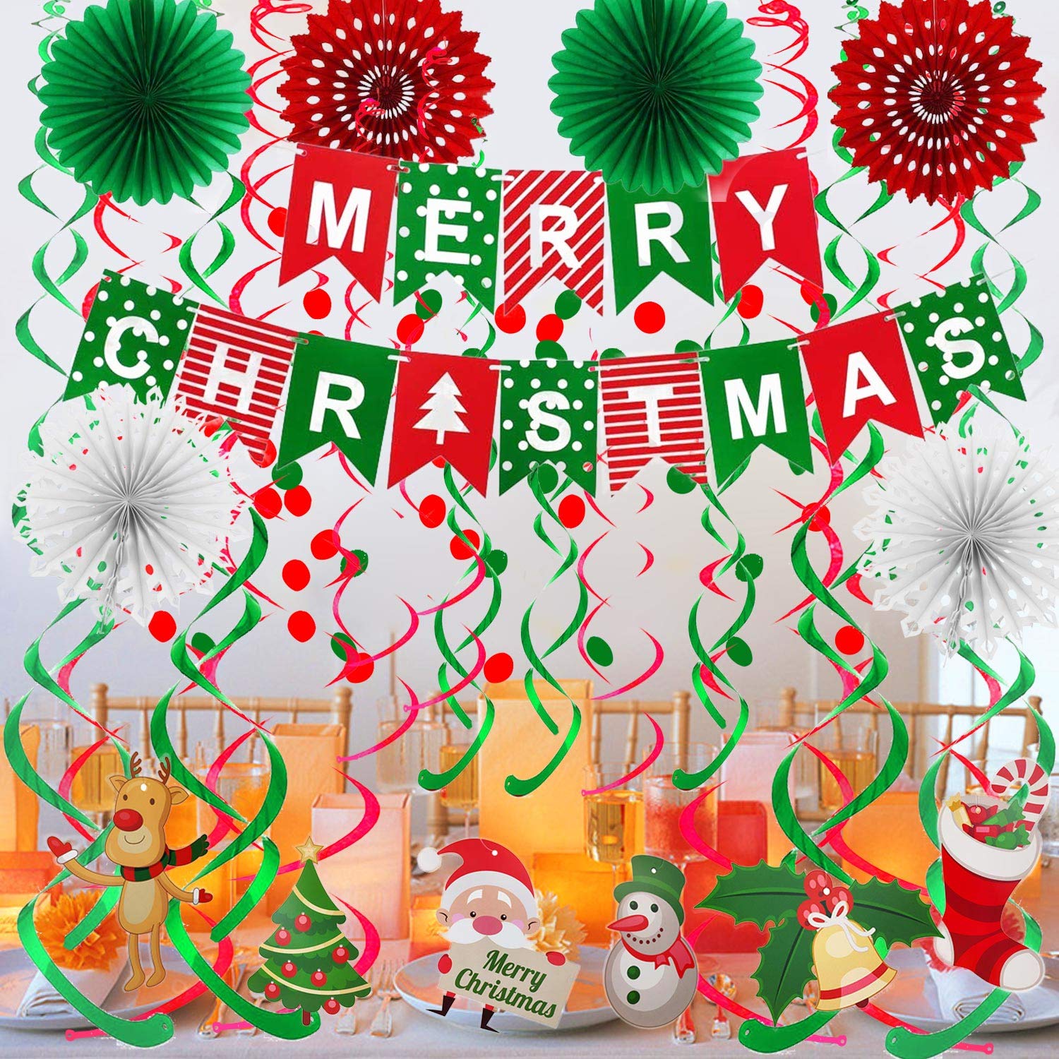 FECEDY Merry Christmas Banner Paper Fan Flower Circle Confetti Dots Hanging Garlandand Swirl Streamers Christmas Tree Christmas Snowman God Tang for Christmas Party Decoration