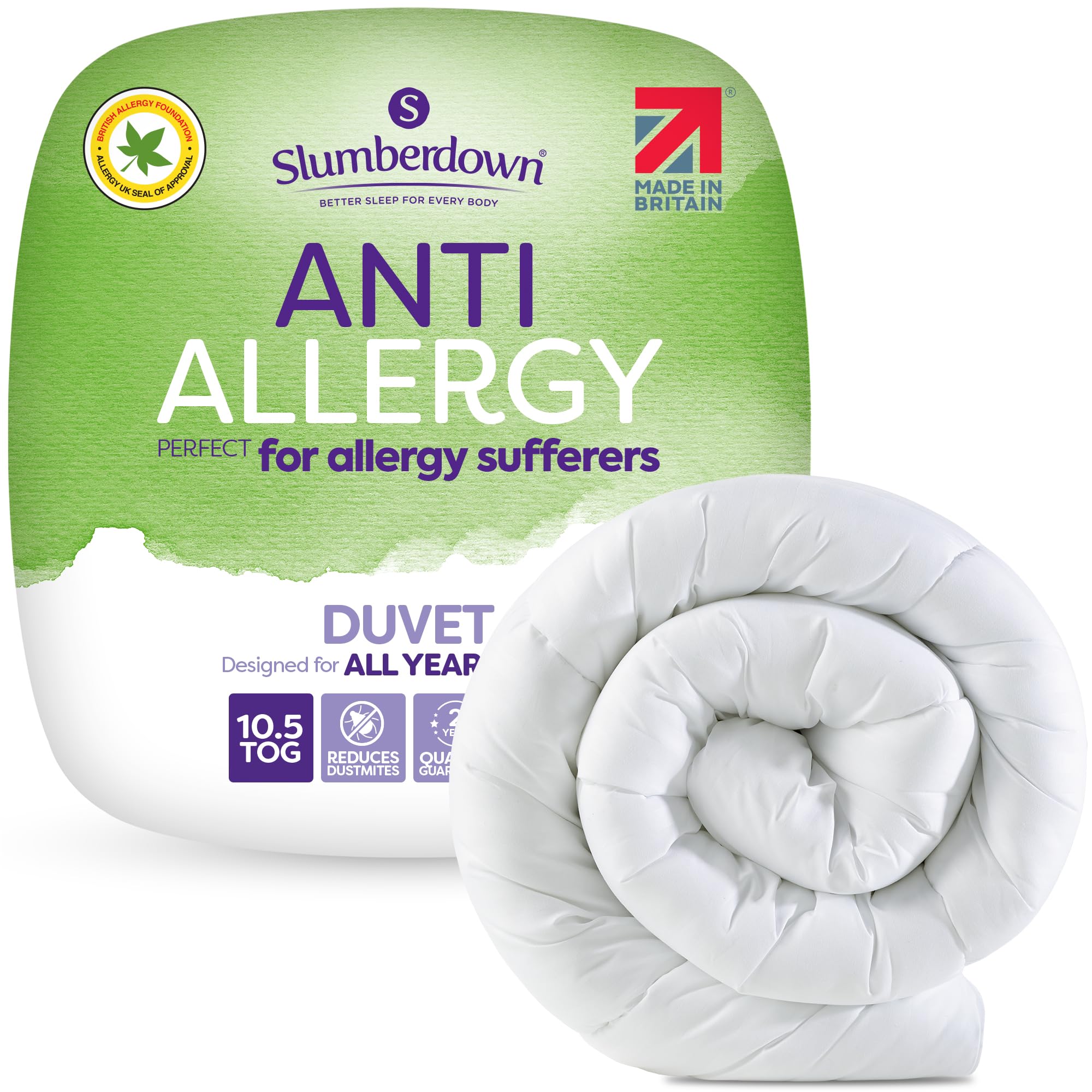 Slumberdown Anti Allergy Single Duvet 10.5 Tog - Allergy UK Approved All Year Round Single Quilt for Allergy Sufferers - Made in the UK, Anti Bacterial and Machine Washable Bedding (135 x 200cm)