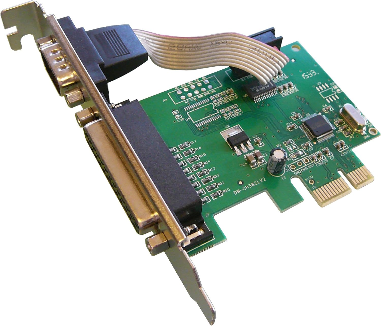 KALEA-INFORMATIQUE © Controller Card PCI Express (PCIe)/1 Series COM RS232 Port + 1 Port Parallele DB25 LPT/Seven/with WCH382L Chipset – Supports Windows 8.1, 10/8/vista/XP + LINUX 2.6.X/3.x + Back