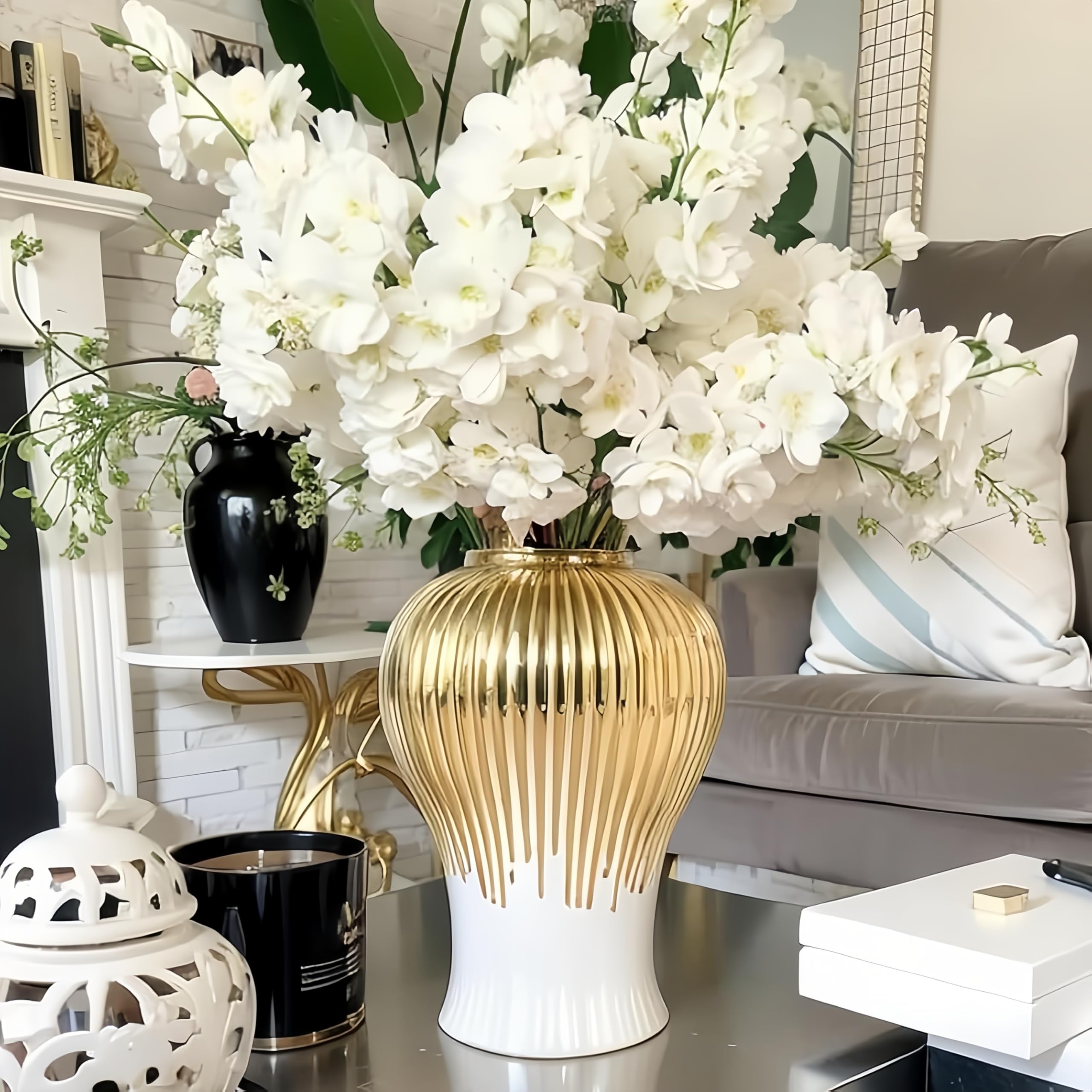 Photo 1 of White and Gold Vases for Centerpieces,White Gold Ginger Jars for Home Decor,Large Gold Vases for Kitchen Counter,Vintage Vase with Lid,Birthday Anniversary (B, 14in) (B, 14in)