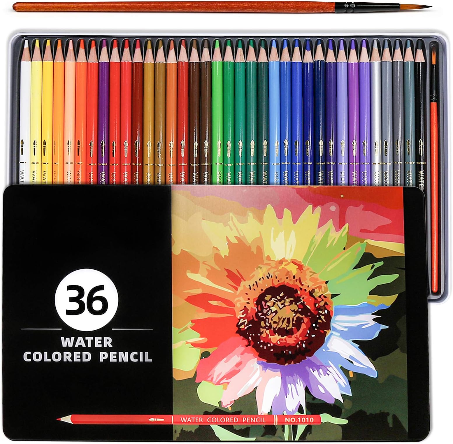 PuTwo Coloured Pencils, 36 pcs Numbered Watercolour Pencils with Brush Pen and Metal Box, Colour Pencils, Drawing Pencils, Colouring Pencils, Coloured Pencils for Adults, Coloured Pencils for Kids