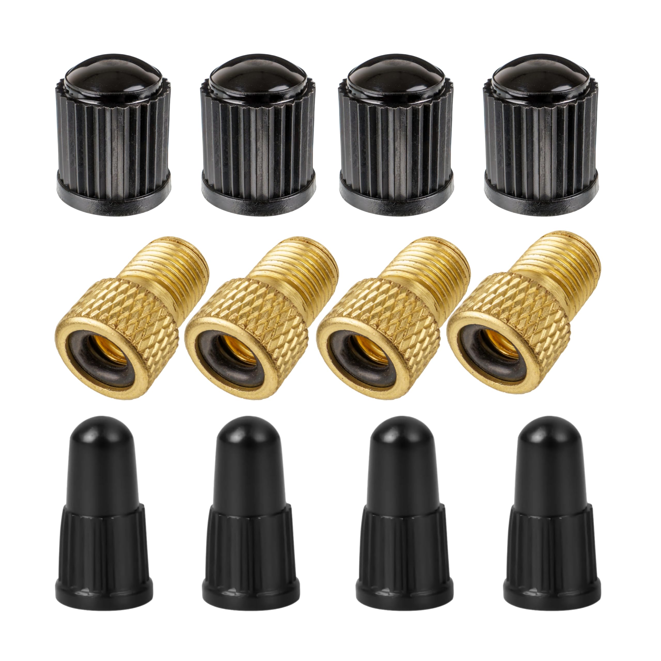 Bicycle valve adapter set, 12-pack, for flash and Presta valve to car valve, DV and SV to AV, kit with valve caps, air pump adapter insert for floor pump, hand pump, tube valve attachment