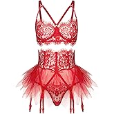 LINGERLOVE Women Sexy 3 Piece Lingerie Set with Garter Belts Lace Strappy Skirt Lingerie Eyelash Bra and Panty Sleepwear