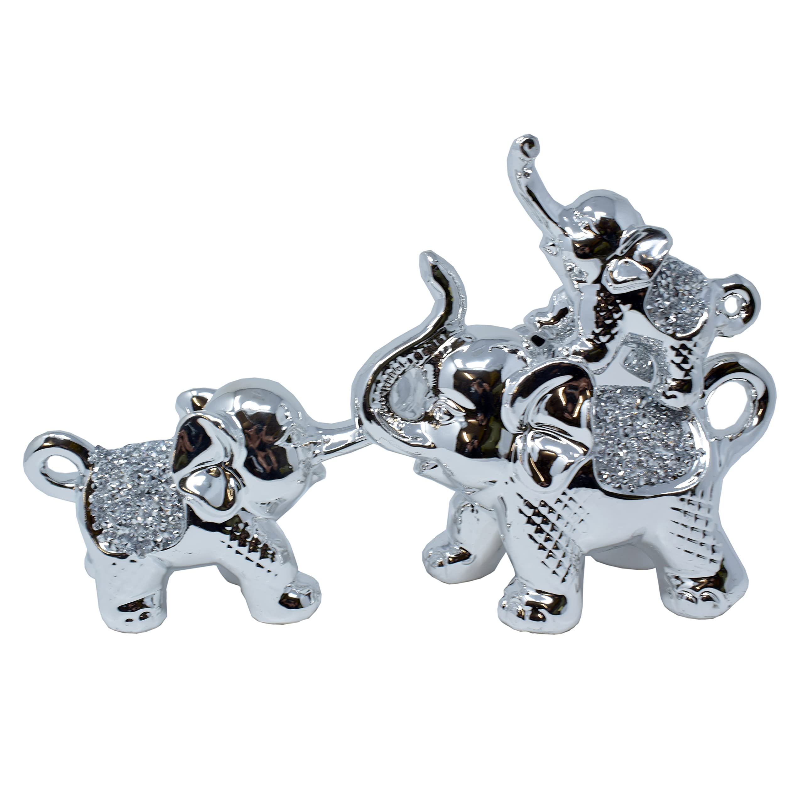 Amazing Gift Handcrafted Silver Ceramic Elephant Ornaments, Set of 3, Crushed Diamond Finish, Sparkling Home Decor Accent