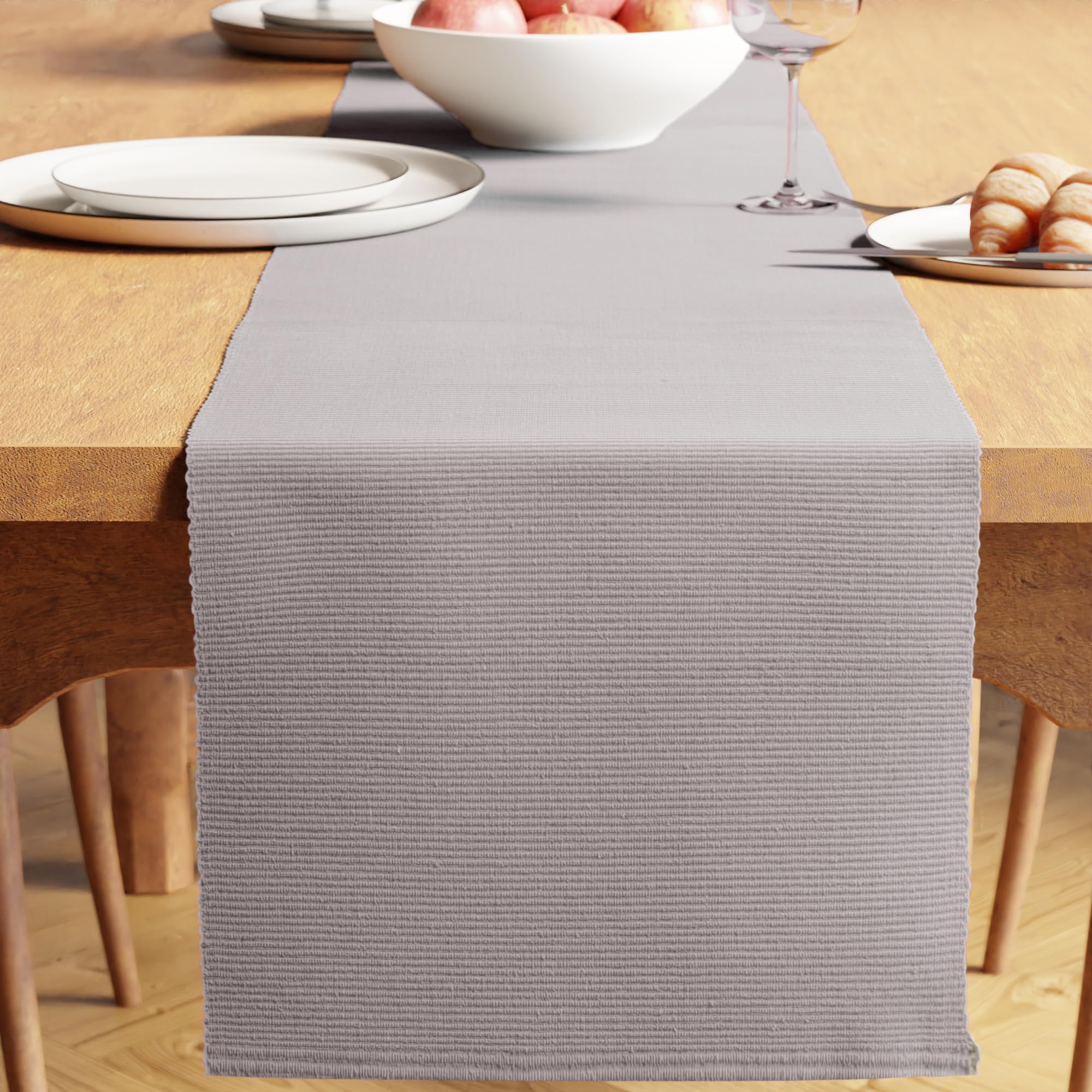 Encasa XO Dining Table Runner 32x150 cm | Yarn Dyed Fine Ribbed Cotton | Light Grey | Machine Washable