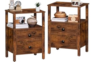 Lerliuo Night Stand Set of 2, Small Nightstand with 2 Wood Drawers and Storage Shelf, Rustic Bedside Table with Wooden Frame, Brown Couch Bed Side Tables for Small Spaces, Nightstands for Bedroom