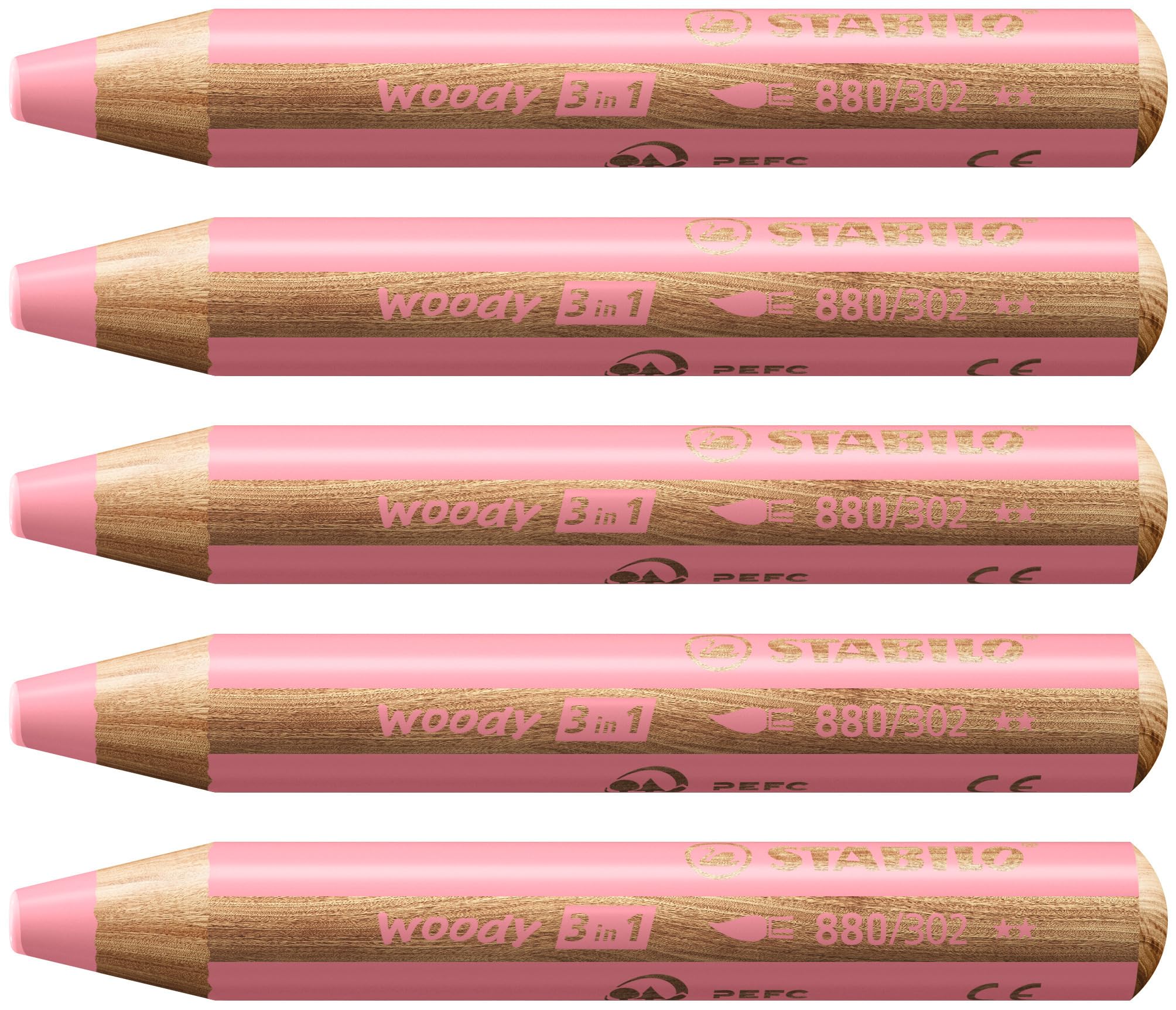 STABILO woody 3-in-1 - Multi-Talented Pencil - Pack of 5 - Pastel Pink