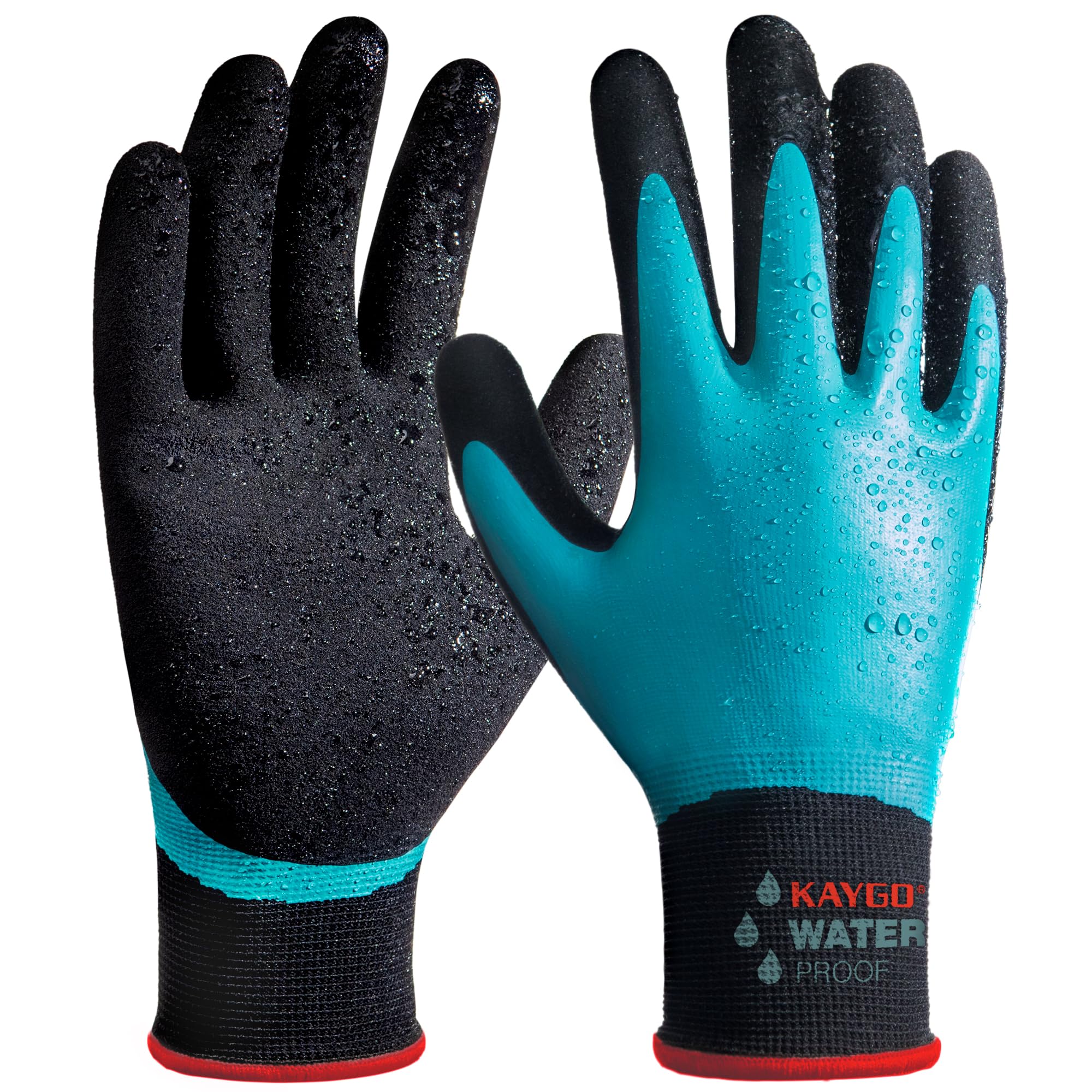 KAYGO Waterproof Work Gloves for Men and Women with Double Latex Coated, Non-Slip Super Grip for Gardening Car Washing Fish Cleaning (Blue, S, 1 Pairs)