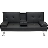 Best Choice Products Modern Faux Leather Futon Sofa Bed Fold Up & Down Recliner Couch with Cup Holders - Black