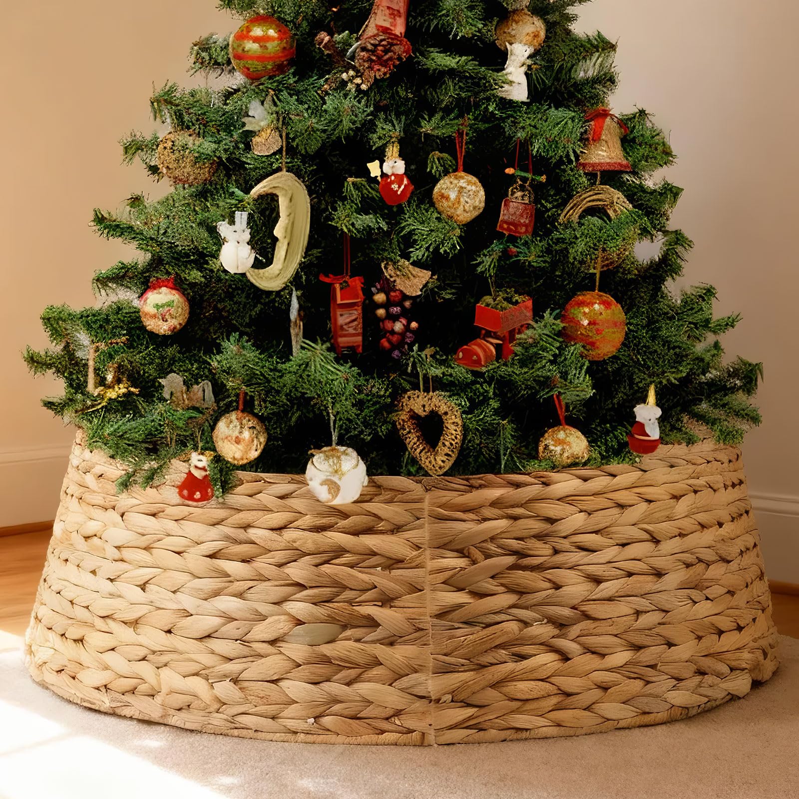 Photo 1 of 27" Christmas Tree Collar, Hand Woven Hyacinth Christmas Tree Base - 4 Piece Rustic Farmhouse Style Tree Skirt Replacements for Artificial Trees, Fits Below 26" Tree Stand, Natural Hyacinth