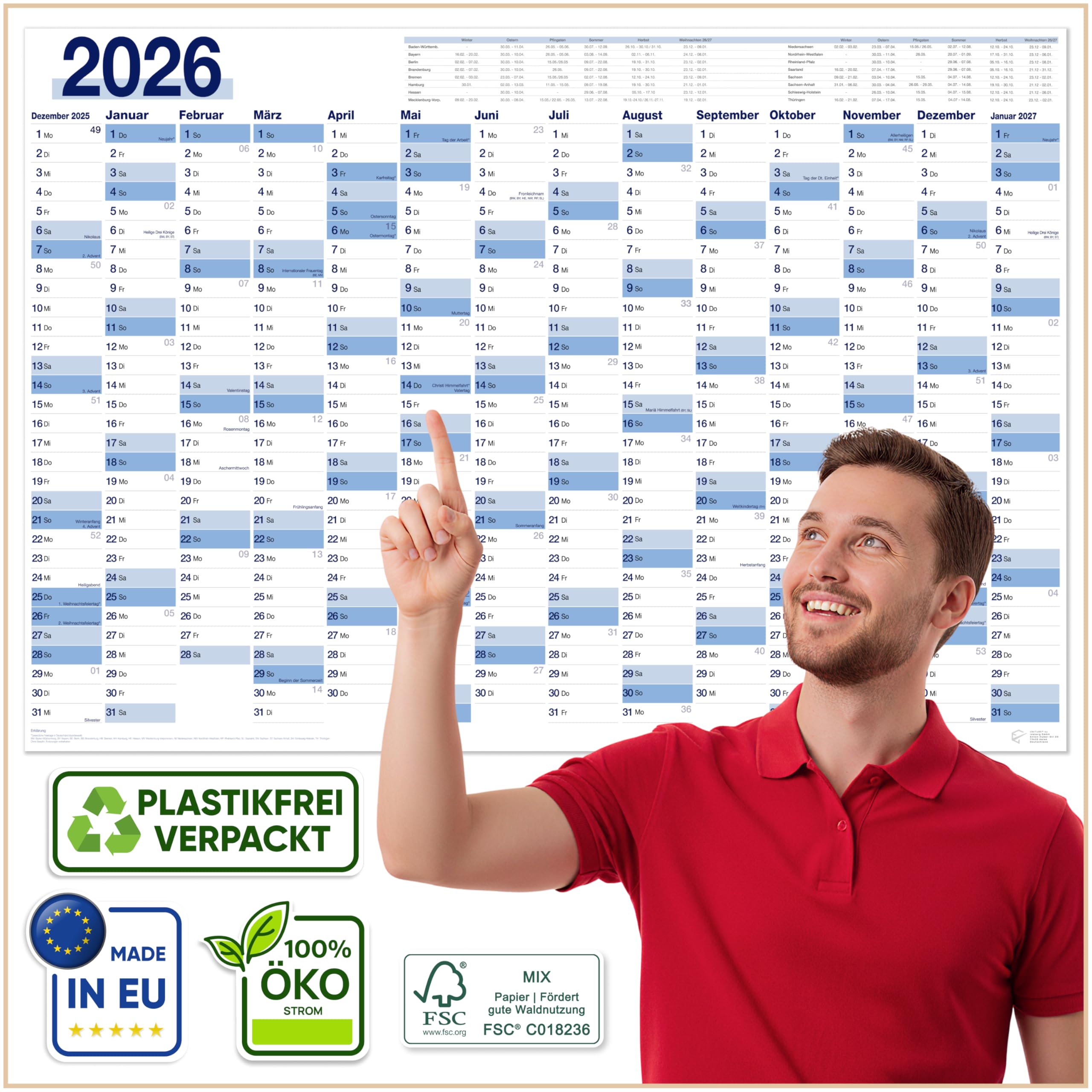 UNITURE® Wandkalender 2026 XXL – Großer Jahresplaner & Terminplaner für Büro, Schule & Familie | Übersichtlicher Jahreskalender 2026 I Wandkalender 2026 groß gefalzt I Calendar 66 x 96 cm