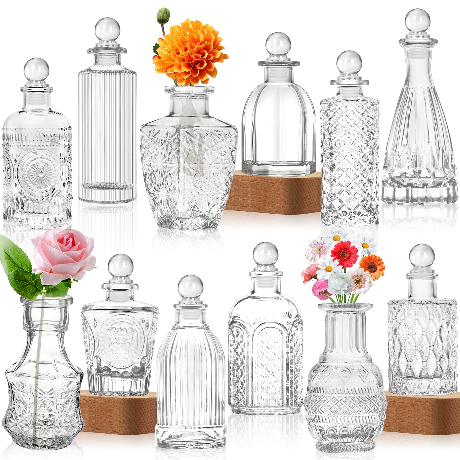 Photo 1 of Glass Vase  Vases in Bulk Set of 12 Small Vases for Flowers,Embossed Clear Flower Vase,Vintage Glass Bottle Great for Table Decor,Wedding Centerpiece Table and as a Gifts