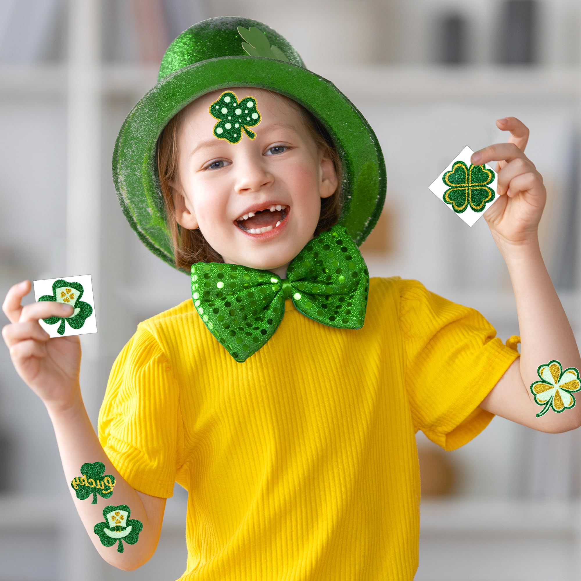 Itscolofy 30 Pcs Glitter St. Patrick's Day Tattoos, St Patricks Day Accessories, St Patricks Day Stickers, Saint Patricks Day Irish Leaf Shamrock Temporary Tattoo Sticker for Body Face, Party Favors Decoration