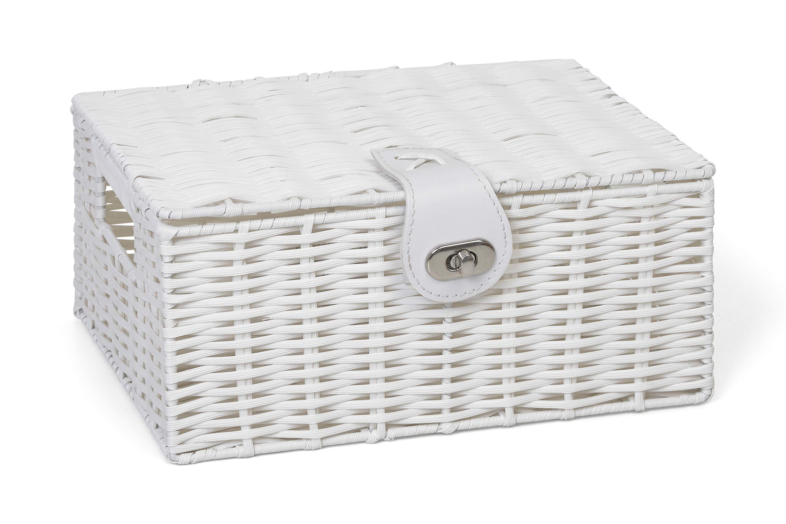 ARPAN Small Resin Woven Storage Basket Box With Lid & Lock - White