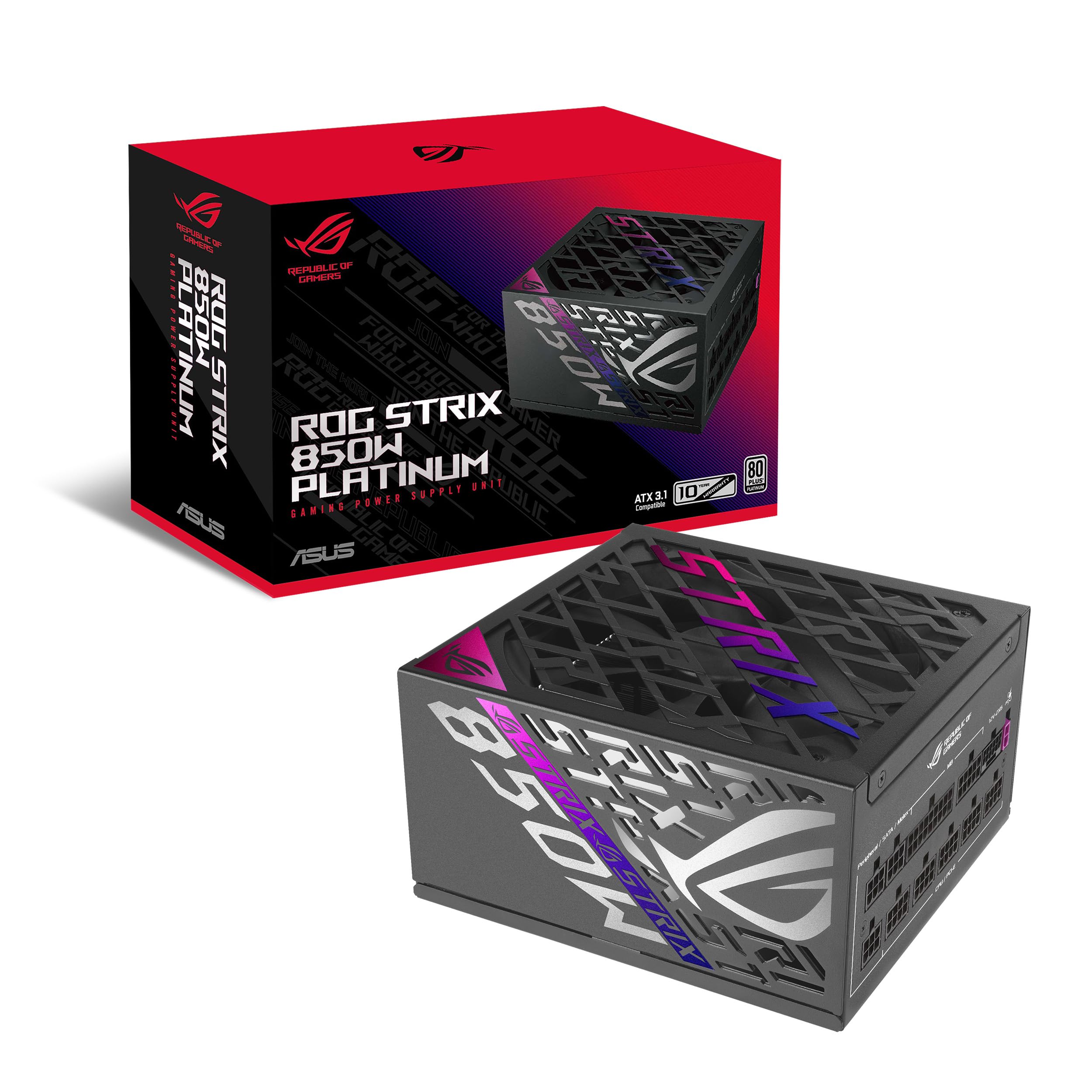 Asus Rog Strix 850W Platinum Psu, Fully Modular, 80+ Platinum, Atx 3.1, Pcie 5.0, Gan Mosfet, Intelligent Voltage Stabilizer