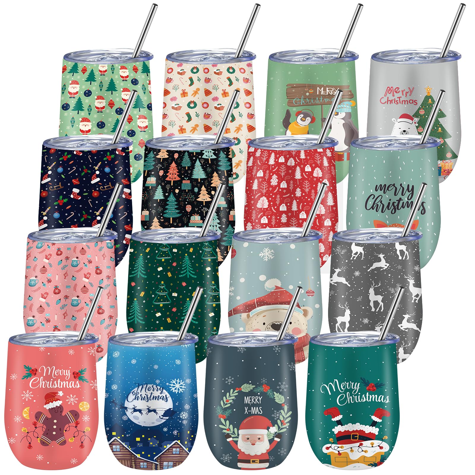 Photo 1 of 16 Set Christmas Wine Tumblers Bulk,12oz Stainless Steel Insulated Coffee Mugs with Lid, Staw,Brushes,Holiday Stemless Wine Glasses for Hot Cold Drinks, Xmas Gift for Teachers Coworkers Party Favor