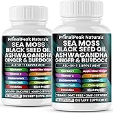 PrimalPeak Naturals Sea Moss Black Seed Oil Ashwagandha Ginger Burdock Bladderwrack Turmeric & Vitamin C Vitamin D3 with ACV Elderberry Chlorophyll Dandelion Yellow Dock Vegan Capsules - 120 Count