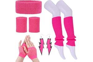 Fuguan 9pcs 80s Costume Fancy Outfit Accessories Set 1980s Workout Costumes Accessories with Neon Leg Warmers for Women Girls