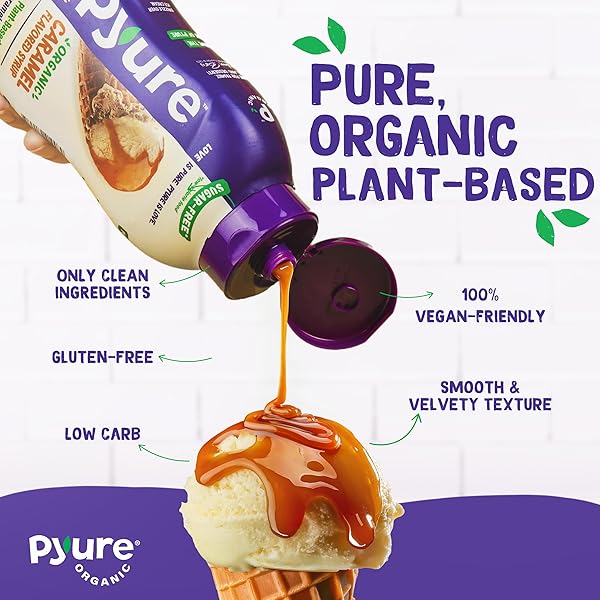 PYURE ORGANIC CARAMEL DESSERT SYRUP | SUGAR-FREE CARAMEL TOPPING FOR KETO ICE CREAM, PANCAKES, LOW CARB SWEETS | 1G NET CARB, GLUTEN-FREE, VEGAN, NON-GMO, PLANT-BASED, DIABETIC FRIENDLY | 14 OZ