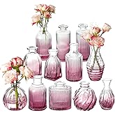 Bud Vases Set of 12, Small Purple Vase Glass Vases for Flowers Vintage Ribbed Colored Wedding Flower Vase for Decor in Bulk Decor Bridal Shower Centerpieces Home Table Decoration