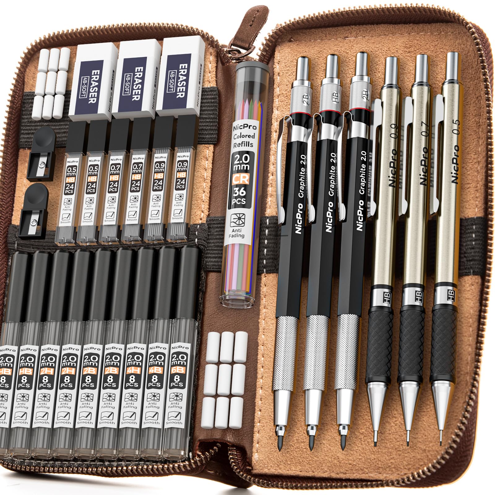 Nicpro 30PCS Art Mechanical Pencil Set in Leather Case, 3PCS 2mm Lead Holder, Clutch Pencil 0.5 mm & 0.7 mm & 0.9 mm With 16 Tube (6B 4B 2B HB 2H 4H Colors) Lead Refills for Sketching, Drafting