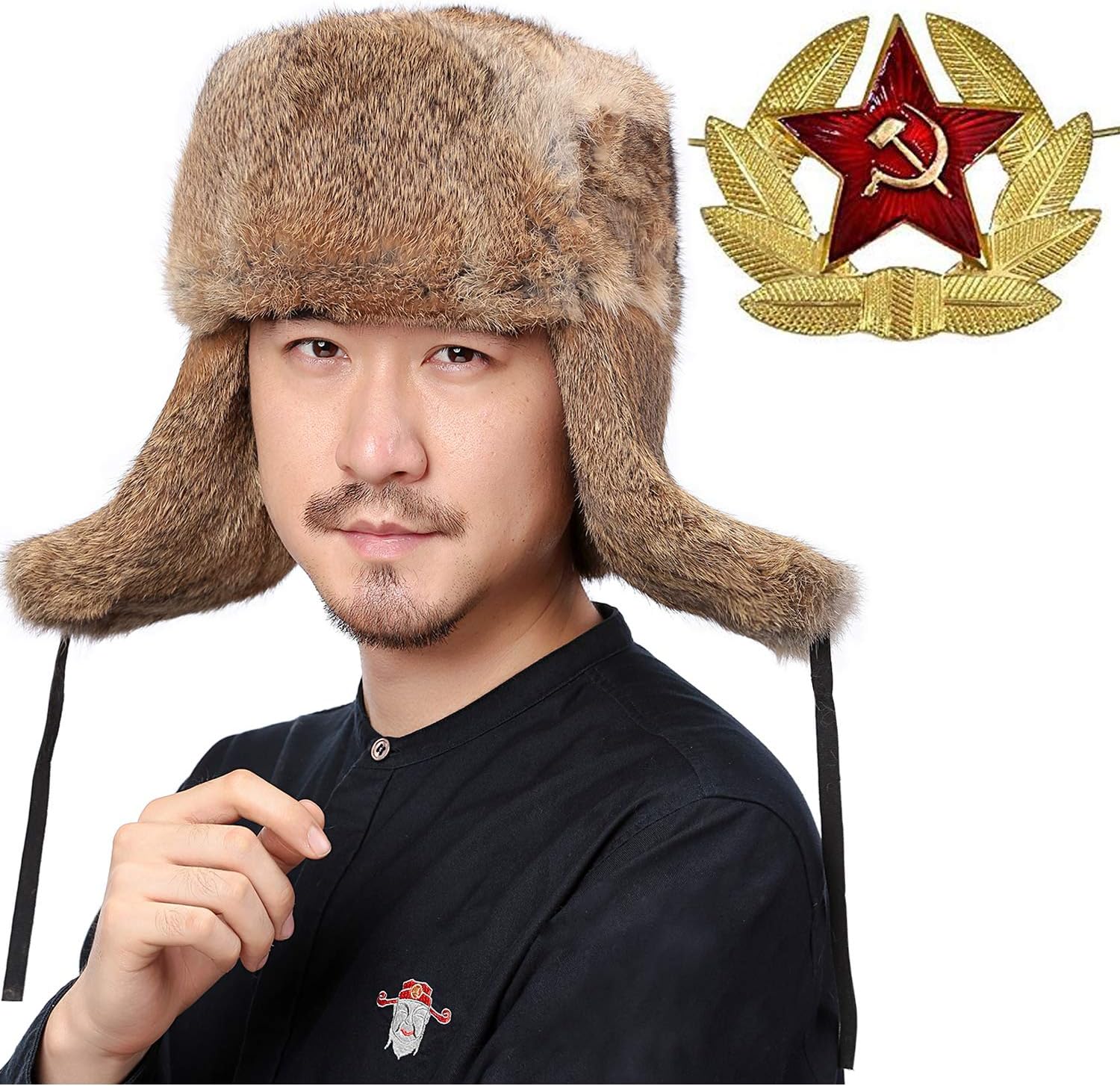 Valpeak Mens Winter Real Rabbit Fur Russian Ushanka Hats