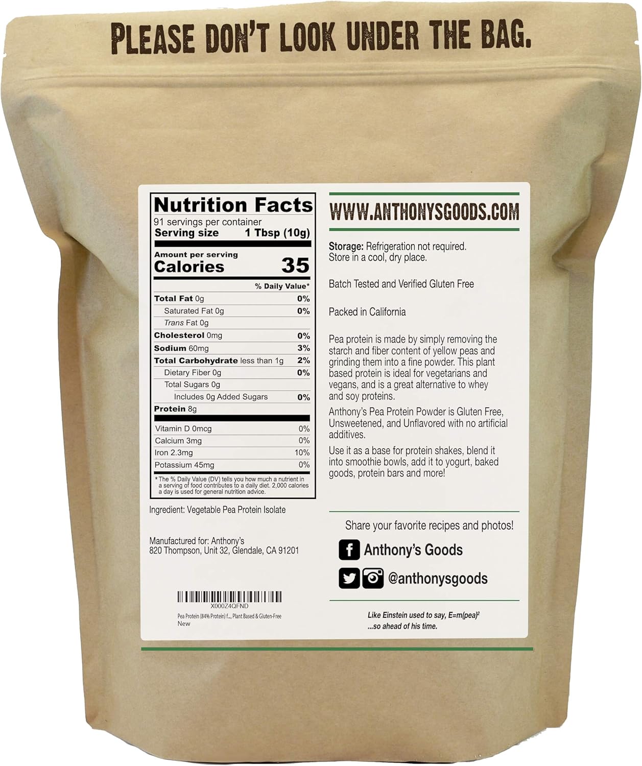 Anthony's Premium Pea Protein, 2 lb, Plant Based, Gluten Free, Unflavored, Vegan, Keto Friendly: Health & Personal Care