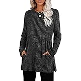 Sampeel Tunic Tops for Women Loose Fit Dressy 2025 Trendy Crewneck Pullover Sweaters Long Sleeve T Shirts Dark Grey M