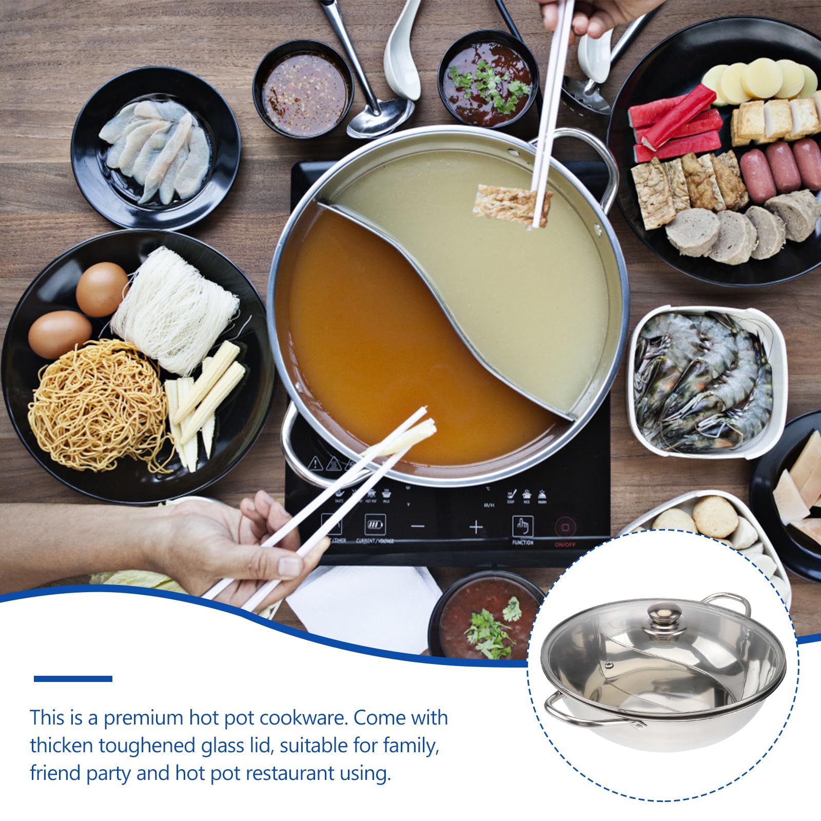 Hakidzel Twin Divided Hot Pot Multifunctional Stainless Steel Induction Cooker Hot Pot with Divider and Lid Dual-Sided Cookware for Induction Cooktop and Gas Stove for Shabu Shabu