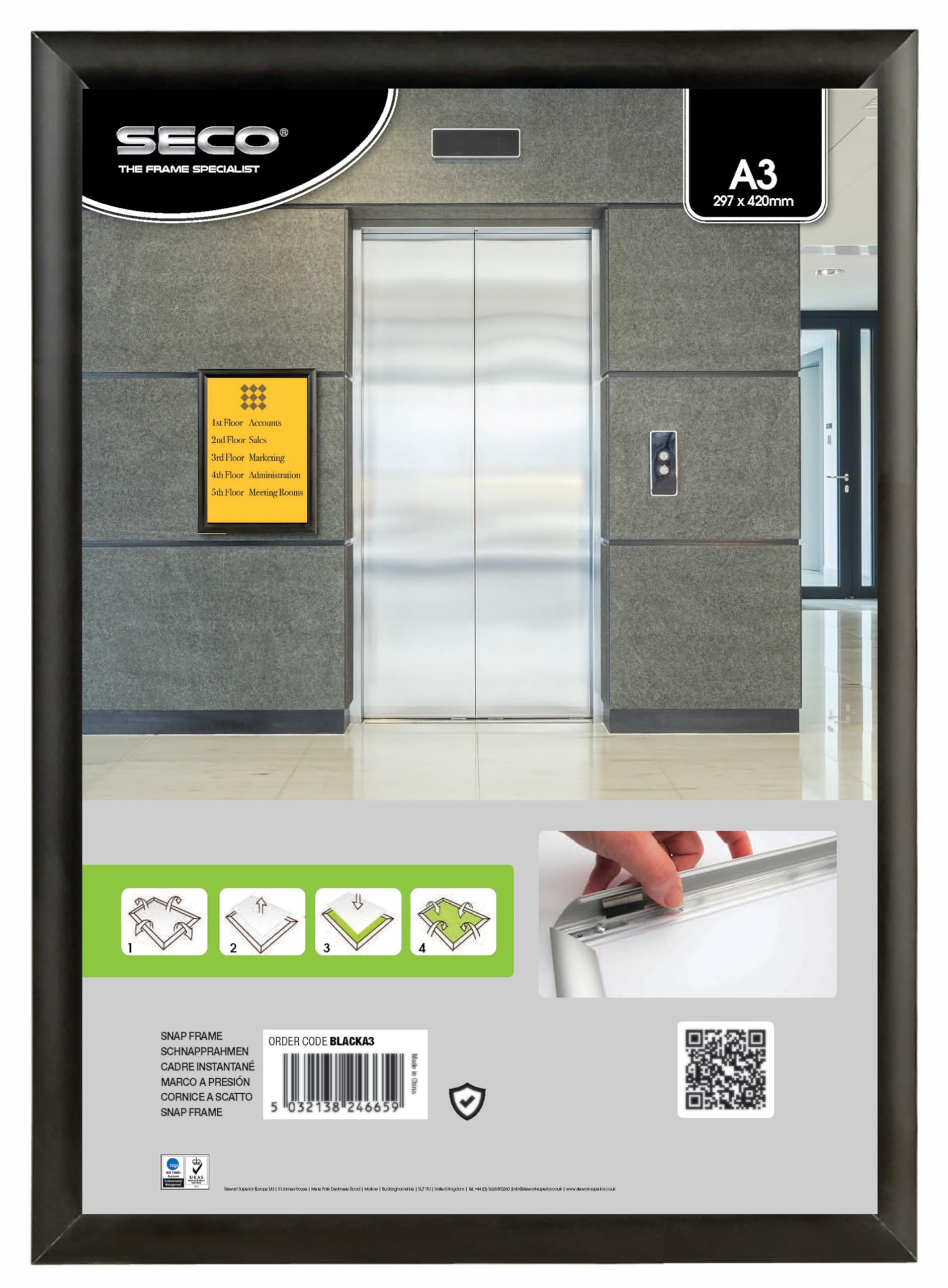 Stewart Superior A3 Aluminium 4 Sided 25mm Front Loading Picture/Poster Snap Frame - Black