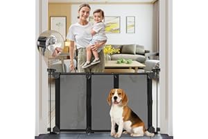 GRENFU 28" Tall No Drill Baby Gate No Bottom Bar, Sliding Dog Gate for Stairs No Drilling Expandable Baby Gate with Dual-Opening Walk Thru Door, 32-55" Adjustable Width & Angle Mesh Pet Gate, Black
