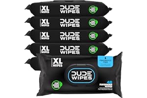 DUDE Wipes Unscented Flushable Wipes - Extra-Large Adult Wet Wipes for Sensitive Skin - 6 Pack (288 Count) - Infused with Vitamin E and Aloe - Septic and Sewer Safe