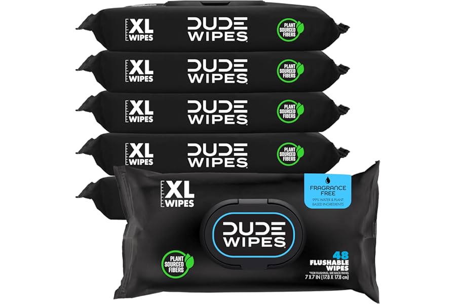 DUDE Wipes Unscented Flushable Wipes - Extra-Large Adult Wet Wipes for Sensitive Skin - 6 Pack (288 Count) - Infused with Vitamin E and Aloe - Septic and Sewer Safe