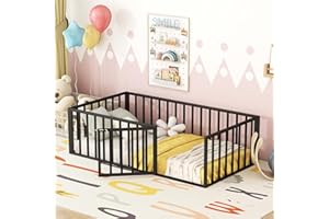 HZANHY Twin Floor Bed, Montessori Floor Bed Frame with Fence Metal Kids Floor Bed with Door Twin Size Slats Platform Bed with Rails for Boys Girls