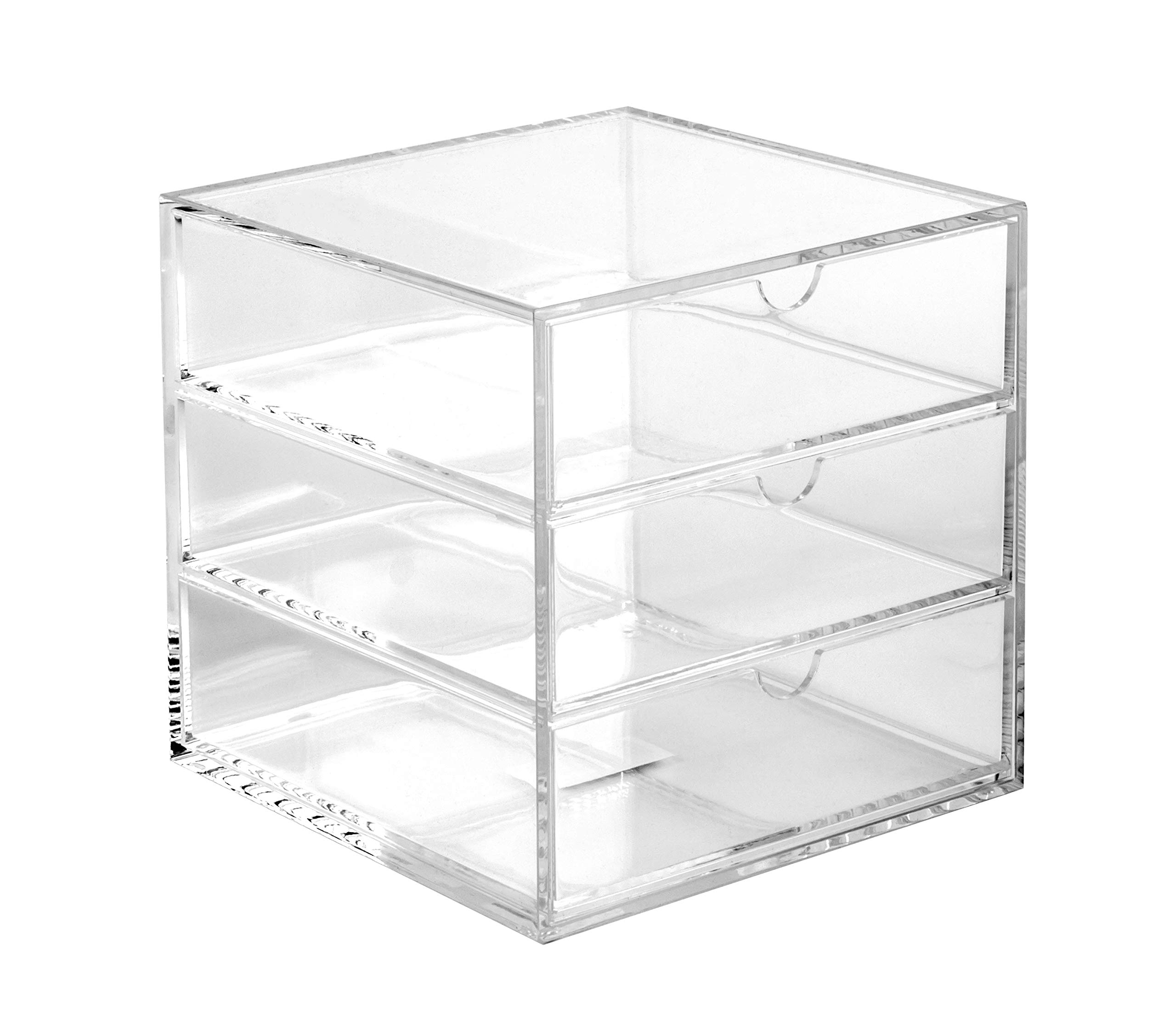 OSCO Clear Acrylic Cube – 3 Drawer Small Item Storage, Stationery Items, Stackable Compact Organiser for Lego, Makeup and Jewellery – 16.5 x 16.5 x 16.5cm