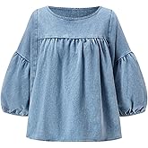 winkbay Women's Lantern 3/4 Sleeve Babydoll Tops Cute Crew Neck Loose Dressy Casual Blouses