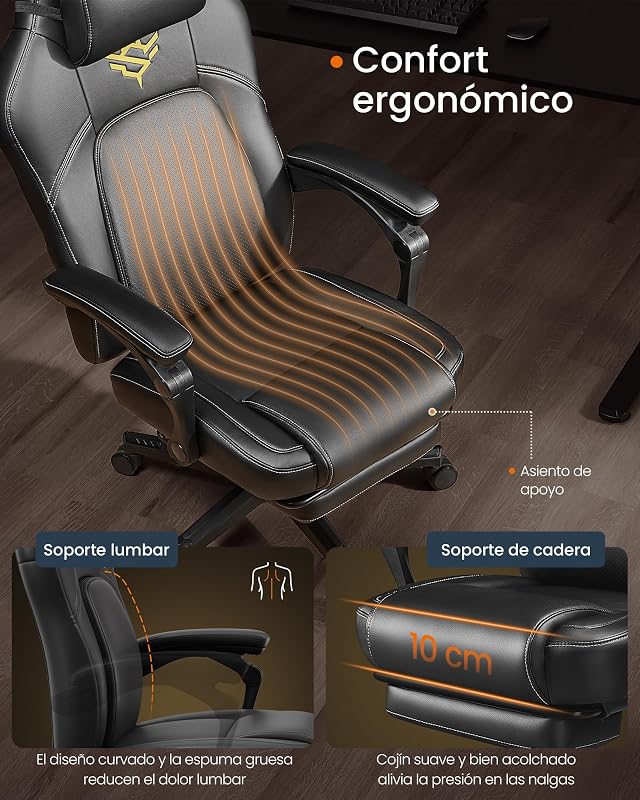 Cadeira de jogos, cadeira ergonómica de computador de corrida com apoio para os pés, com apoio de cabeça, couro sintético, altura ajustável, tinta preta OBG072B01