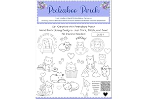 Cat Embroidery Patterns Kit - 24 Pc Fun Modern Peekaboo Porch Embroidery Design Transfers on Sulky Stick n Stitch Self Adhesive Wash Away Stabilizer for Beginners and Adults Hand Embroidery Sewing