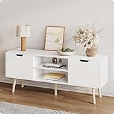 ALINE FURNITURE White TV Stand for 50 55 60+ inch TVs - Media Console with 2 Cabinets & Open Shelves, Solid Wood Legs - TV Consoles for Living Room - 22" H Entertainment Center for Bedroom