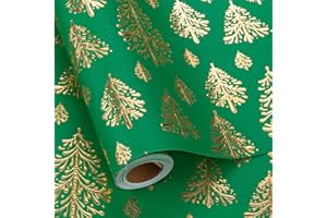 Flyhill Kraft Christmas Wrapping Paper, Green 3D Embossed Gold Foil Christmas Pine Tree with Woodlands Wrap Paper for Holiday, Party,Celebration, New Year (17 Inch X 32.8 Feet)