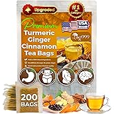 TOG999, 200 Bags Premium Turmeric Ginger Cinnamon Tea. Upgraded Version. Improve Digestion, Support Brain, Weight, Skin and Sleep. Eco-Conscious Tea Bags. No Sugar, No Caffeine, No Gluten, Vegan.