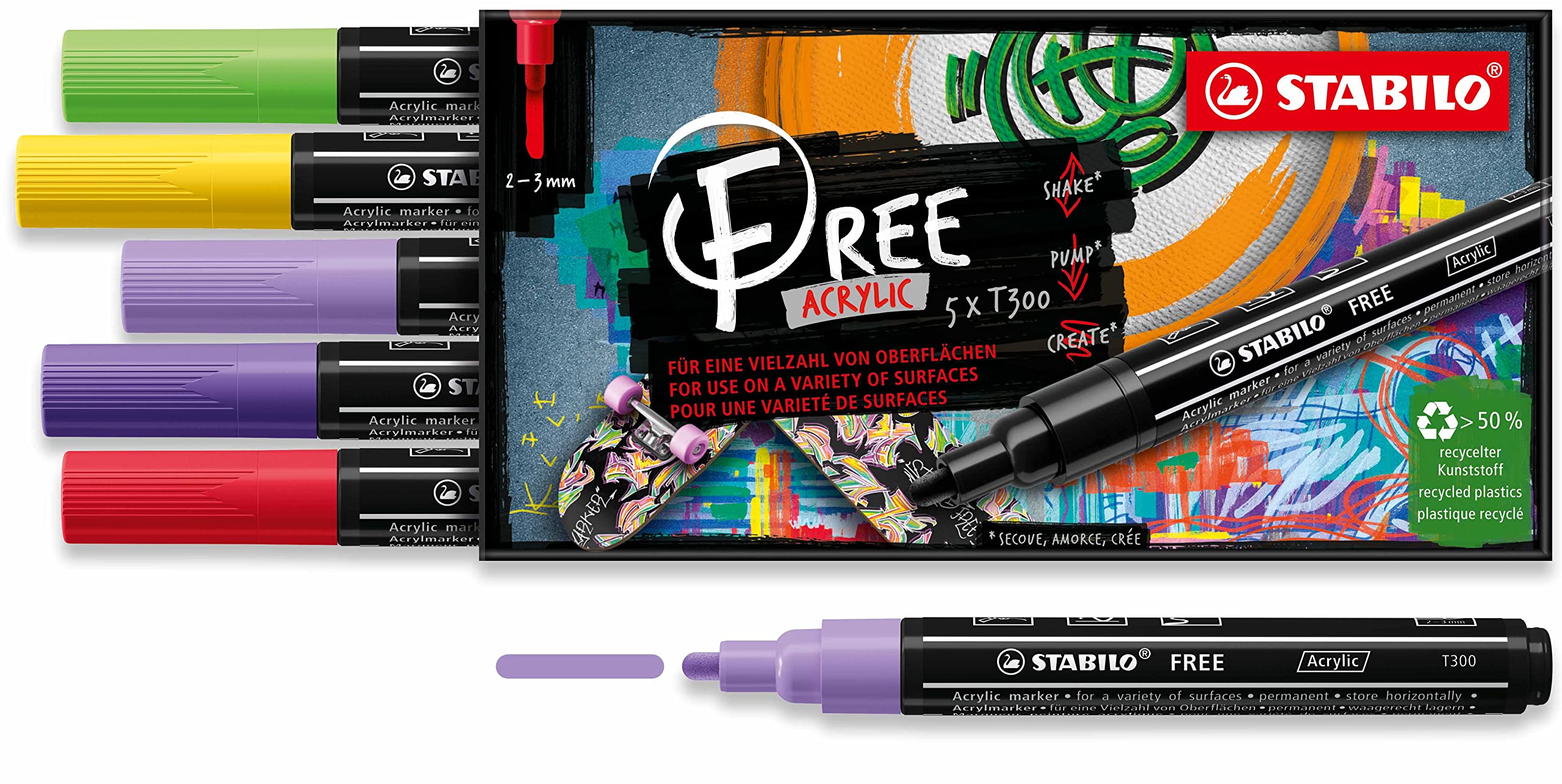 STABILO Acrylic Marker FREE Acrylic - T300 2-3 mm Bullet Tip Vibrant - Wallet of 5 - Assorted colours