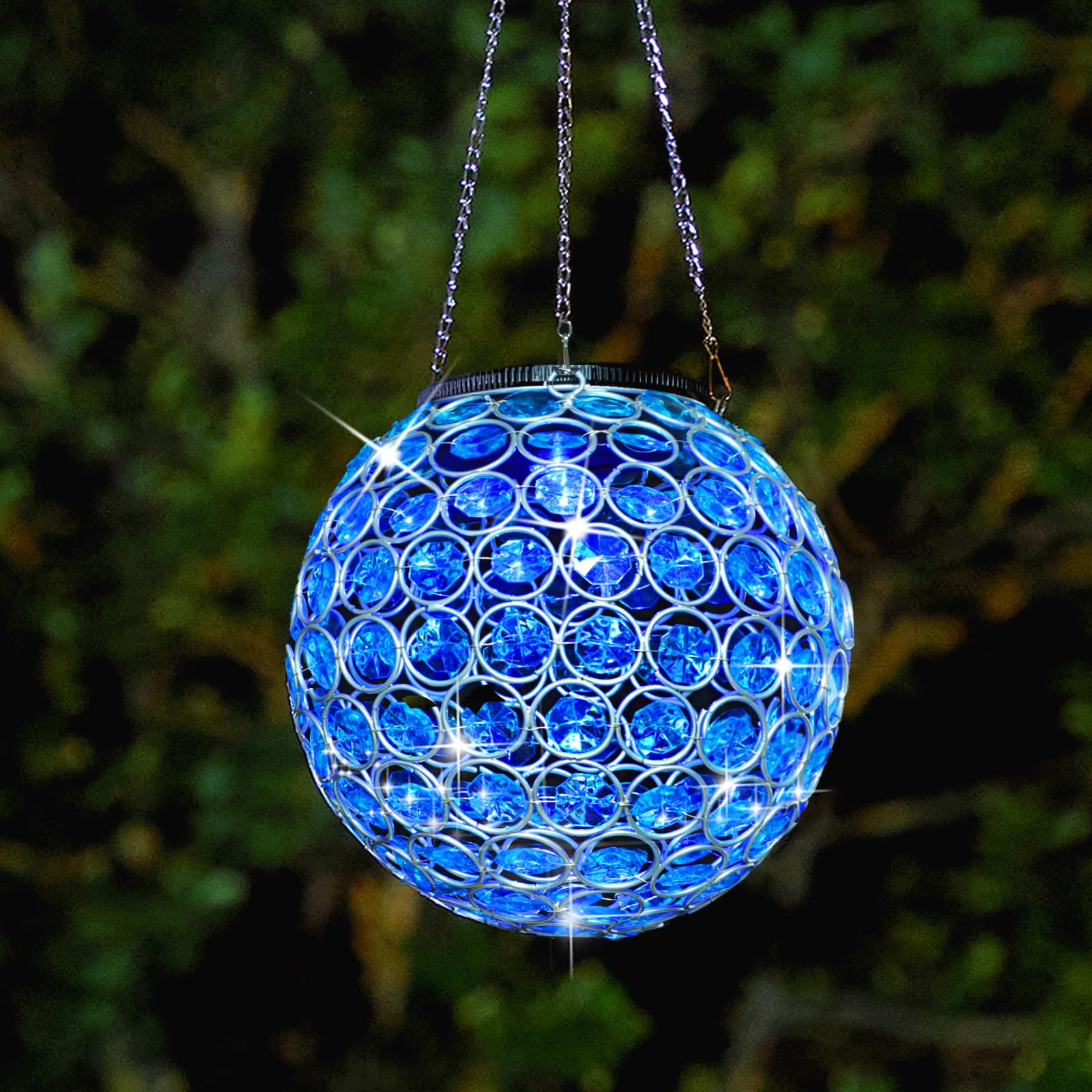 Photo 1 of Solar Hanging Lantern Outdoor Lights, Dual LEDs Color Changing and Blue Hanging Light Waterproof Crystal Globe Lamp Decoration in Garden, Pathway, Front Door - Blue